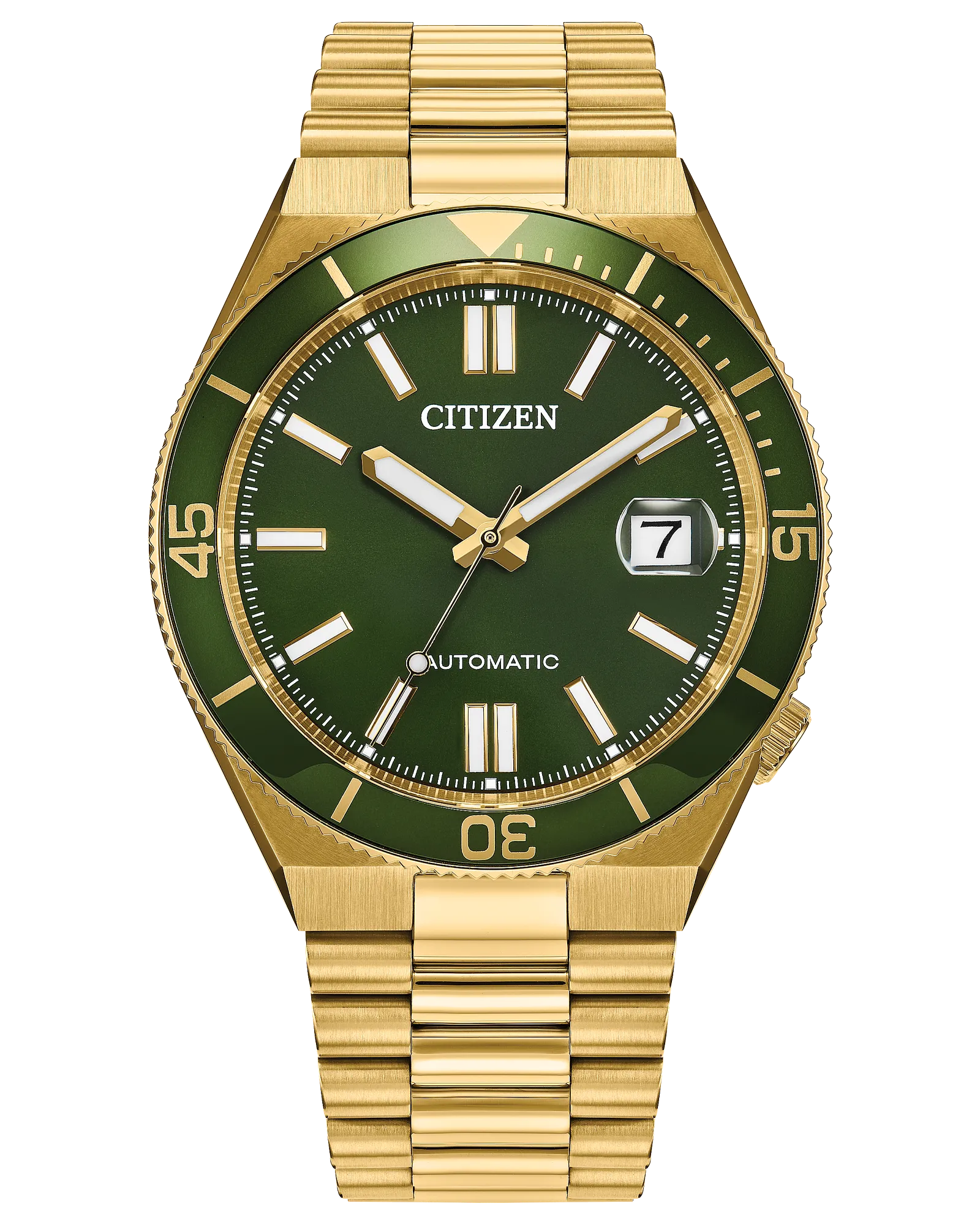 Tsuyosa Shore | Citizen Automatic Men’s Watch | Gold-Tone Stainless Steel | Green Dial | Bracelet | WR100 Sport Luxe - Brownee Jewelers