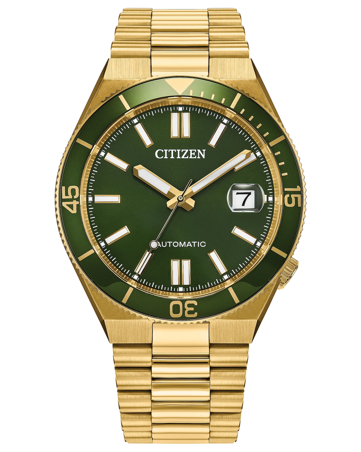 Tsuyosa Shore | Citizen Automatic Men’s Watch | Gold-Tone Stainless Steel | Green Dial | Bracelet | WR100 Sport Luxe - Brownee Jewelers