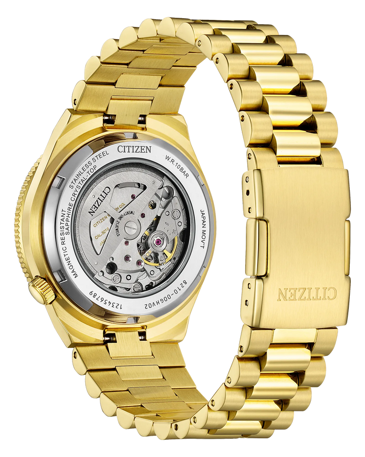 Tsuyosa Shore | Citizen Automatic Men’s Watch | Gold-Tone Stainless Steel | Green Dial | Bracelet | WR100 Sport Luxe - Brownee Jewelers