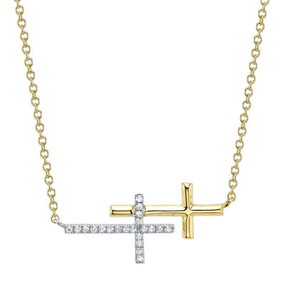 SHY CREATION | DIAMOND SIDEWAYS CROSS NECKLACE | 14K TWO-TONE YELLOW & WHITE GOLD | 0.06 CTW | SC55029103 - Brownee Jewelers