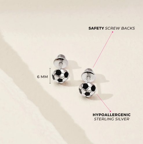 ENAMELED SOCCER BALL SILVER STUD EARRINGS 
