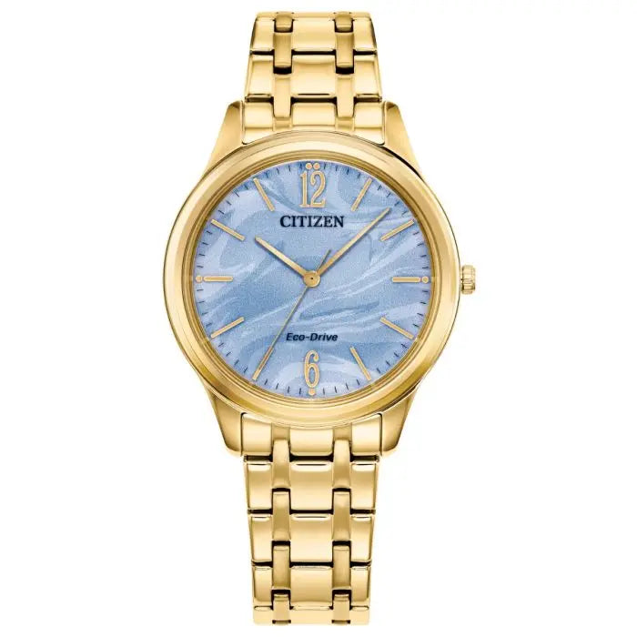 CITIZEN | LADIES ECO-DRIVE WATCH | GOLD-TONE STAINLESS STEEL | BLUE DIAL | EM1212-56L - Brownee Jewelers