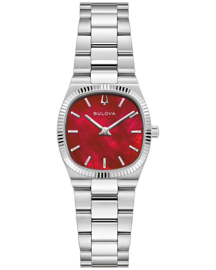 Bulova Super Seville | Women's Stainless Steel Watch | Red Mother-of-Pearl Dial | Silver-Tone Bracelet | 96L354 - Brownee Jewelers