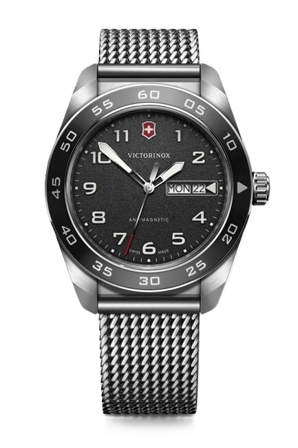 VictorInox Swiss Army Watch with Black Dial, Stainless Steel Mesh Bracelet, and a 42mm Brushed Stainless Steel Case