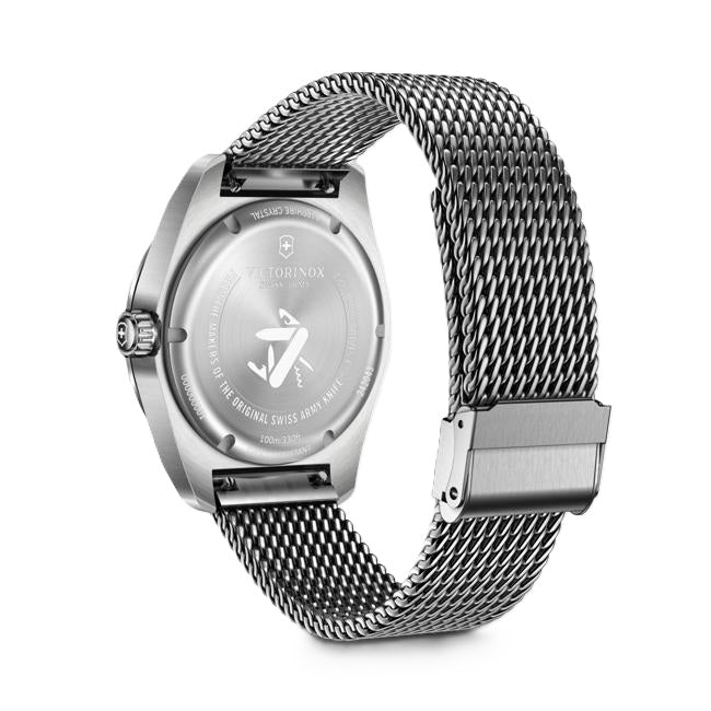 VictorInox Swiss Army Watch with Black Dial, Stainless Steel Mesh Bracelet, and a 42mm Brushed Stainless Steel Case