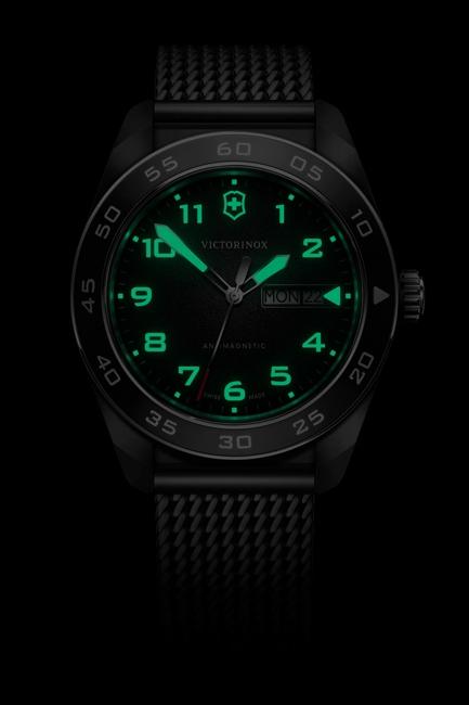 VictorInox Swiss Army Watch with Black Dial, Stainless Steel Mesh Bracelet, and a 42mm Brushed Stainless Steel Case