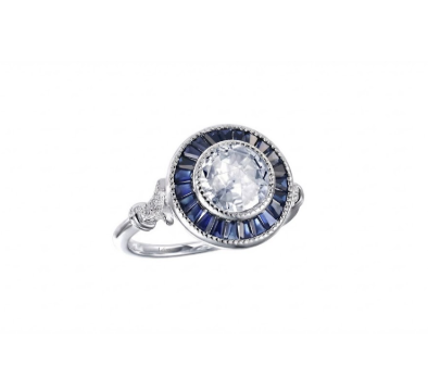 Round CZ & Baguette Lab Sapphire Halo Ring | Sterling Silver - Brownee Jewelers