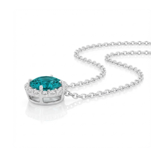 Madison L | Round Created Tourmaline & Diamond Halo Slide Pendant | 14K White Gold | Gemstone Necklace - Brownee Jewelers