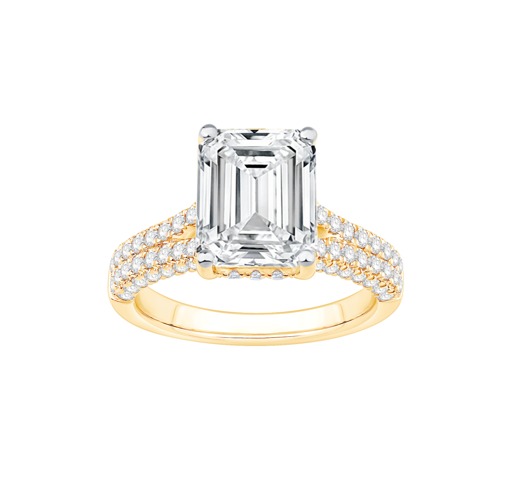 Emerald-Cut Lab-Grown Diamond Engagement Ring | 14K Yellow Gold | Approx. 4 ct Center VS2 F | Pavé Diamond Band - Brownee Jewelers