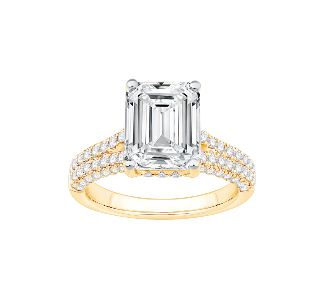 Emerald-Cut Lab-Grown Diamond Engagement Ring | 14K Yellow Gold | Approx. 4 ct Center VS2 F | Pavé Diamond Band - Brownee Jewelers