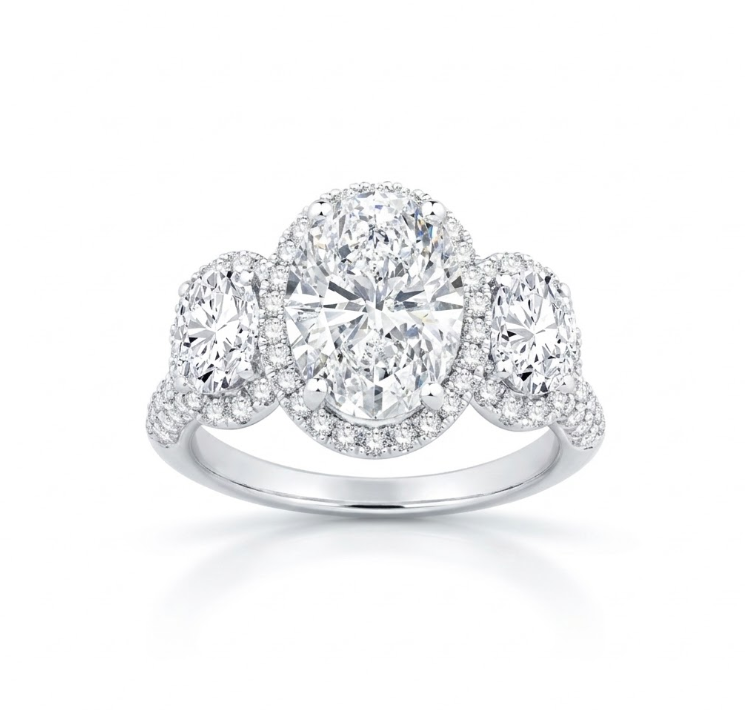 Oval Lab-Grown Diamond Three-Stone Halo Ring | 14K White Gold | 3.00 ct Center, 4.63 ctw | Oval Side Diamonds - Brownee Jewelers