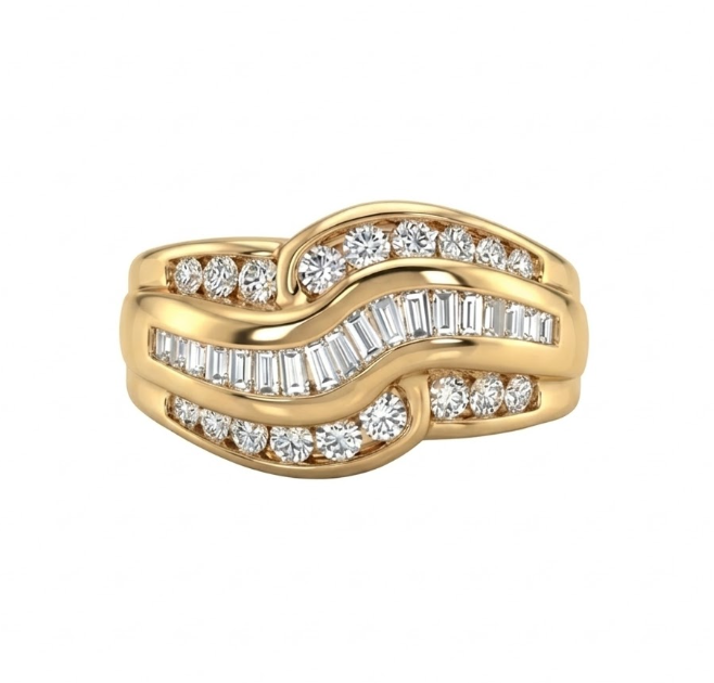 Round & Baguette Diamond Wave Ring | 14K Yellow Gold | 1.00 ctw | Statement Band - Brownee Jewelers