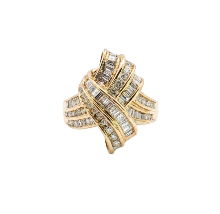 Round & Baguette Diamond Crisscross Ring | 14K Yellow Gold | 1.09 ctw | Multi-Row Statement Band - Brownee Jewelers