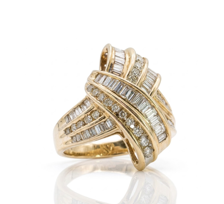 Round & Baguette Diamond Crisscross Ring | 14K Yellow Gold | 1.09 ctw | Multi-Row Statement Band - Brownee Jewelers