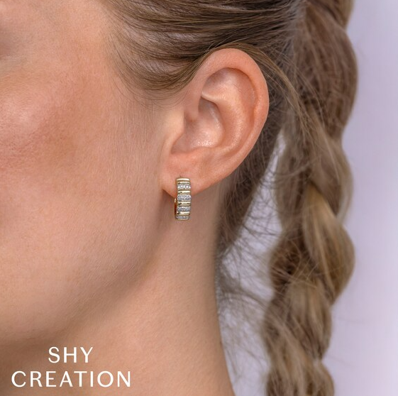 SHY CREATION | 0.17Ct DIAMOND HOOP EARRINGS | 14K YELLOW GOLD | SC55026057RDD0.60 - Brownee Jewelers