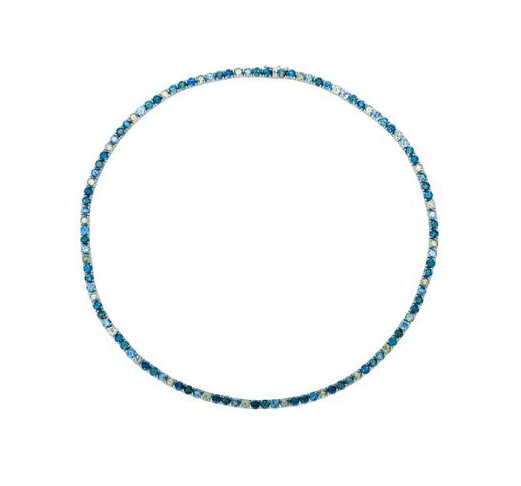 30 TOTAL CARAT WEIGHT ROUND BLUE, GREEN, AND YELLOW OMBRE SAPPHIRE TENNIS NECKLACE IN 14K WHITE GOLD