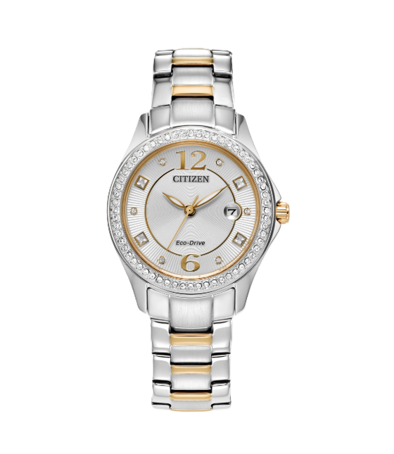 CITIZEN CRYSTAL | LADIES ECO-DRIVE WATCH | TWO-TONE STAINLESS STEEL | MOTHER OF PEARL DIAL | WR50 | FE1146-71A - Brownee Jewelers