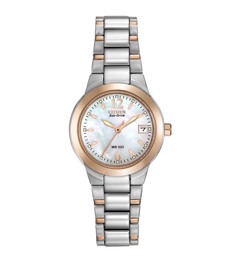 Citizen Silhouette Ladies Eco-Drive Watch with Silver- and Rose Gold Tone Strap, Mother of Pearl Dial, Rose Gold-Tone Markers, and Luminous Rose Gold-Tone Hands