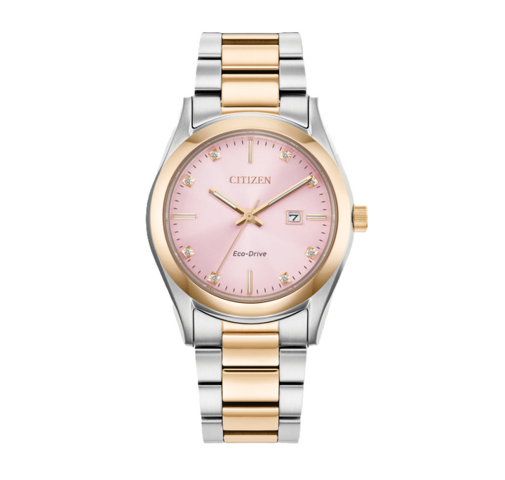 Citizen Sport Luxury | Eco-Drive Ladies Watch | Two-Tone Stainless Steel | Pink Dial | Crystal Hour Markers | EW2706-58X - Brownee Jewelers