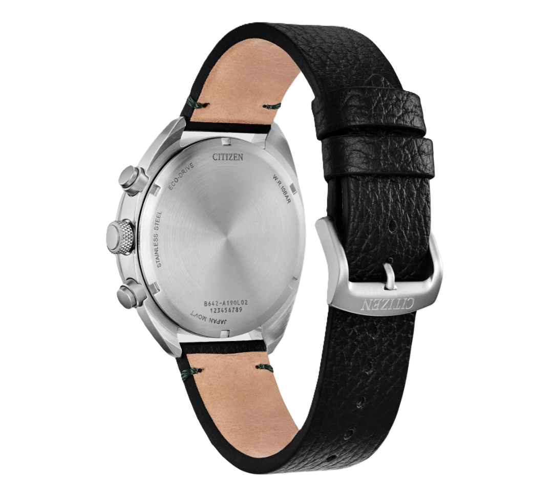 Men’s Eco-Drive Chronograph Stainless Steel Watch with Green Dial and Black Leather Strap