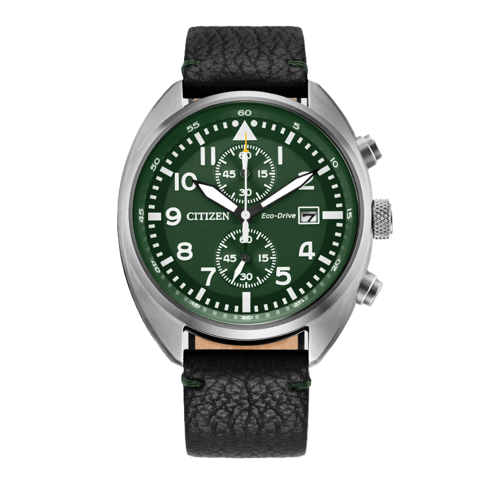 Men’s Eco-Drive Chronograph Stainless Steel Watch with Green Dial and Black Leather Strap