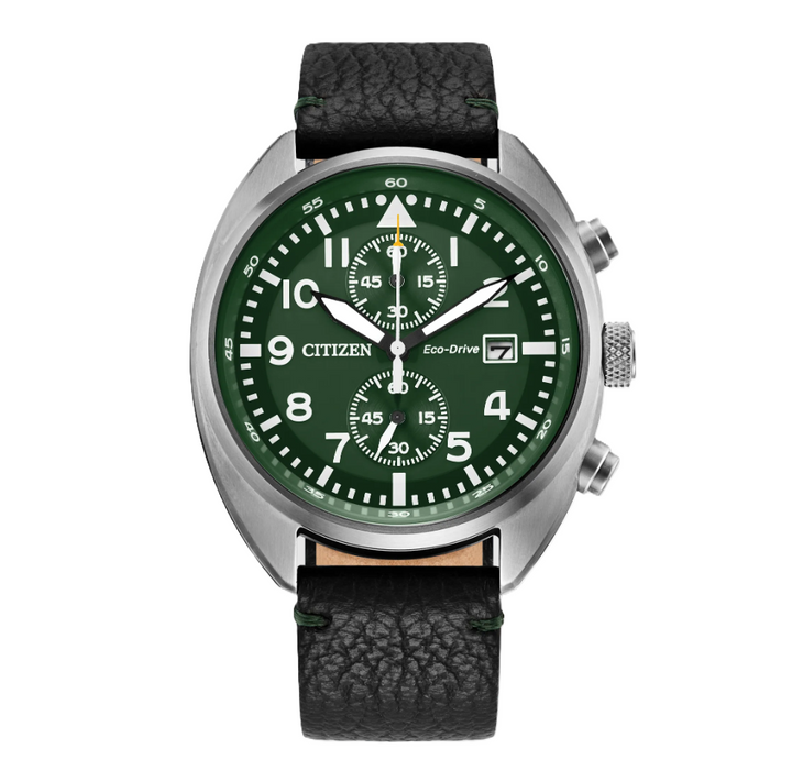 CITIZEN SPORT CASUAL | MEN'S ECO-DRIVE WATCH | BLACK LEATHER | GREEN DIAL | CA7041-07X - Brownee Jewelers