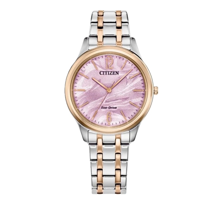 CITIZEN | LADIES ECO-DRIVE WATCH | TWO-TONE STAINLESS STEEL | PINK DIAL | EM1216-55X - Brownee Jewelers