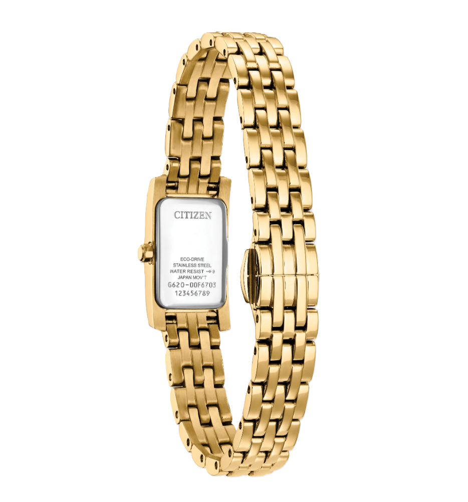CITIZEN PETITE PALIDORO | LADIES ECO-DRIVE WATCH | GOLD-TONE STAINLESS STEEL | BLACK DIAL | EG7112-59E - Brownee Jewelers
