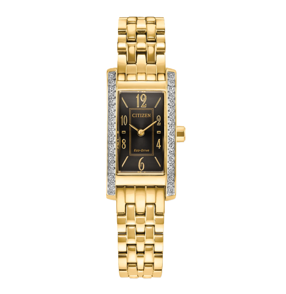 CITIZEN PETITE PALIDORO | LADIES ECO-DRIVE WATCH | GOLD-TONE STAINLESS STEEL | BLACK DIAL | EG7112-59E - Brownee Jewelers