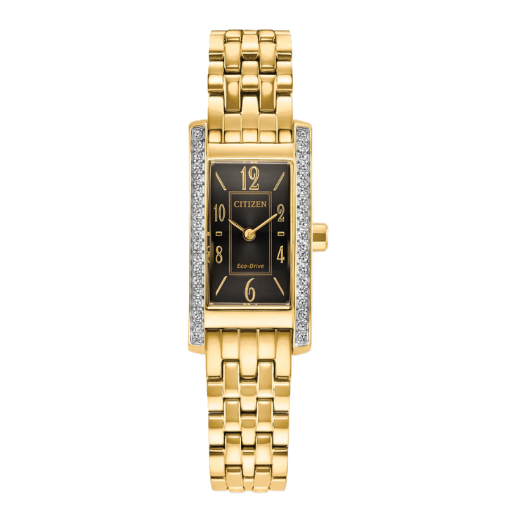 CITIZEN PETITE PALIDORO | LADIES ECO-DRIVE WATCH | GOLD-TONE STAINLESS STEEL | BLACK DIAL | EG7112-59E - Brownee Jewelers