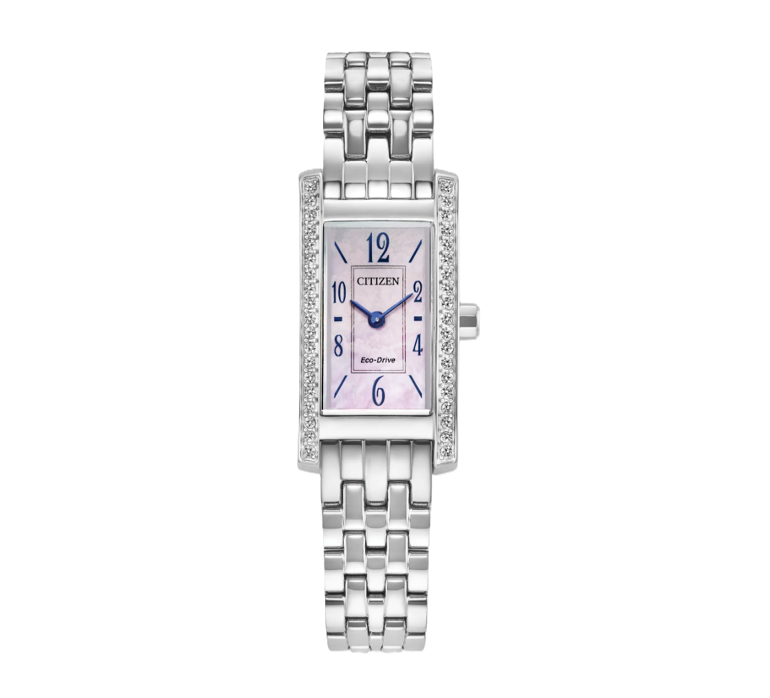 Citizen Petite Palidoro Ladies Eco-Drive Watch with Stainless Steel Strap, Pink Dial, and Blue Hands and Markers