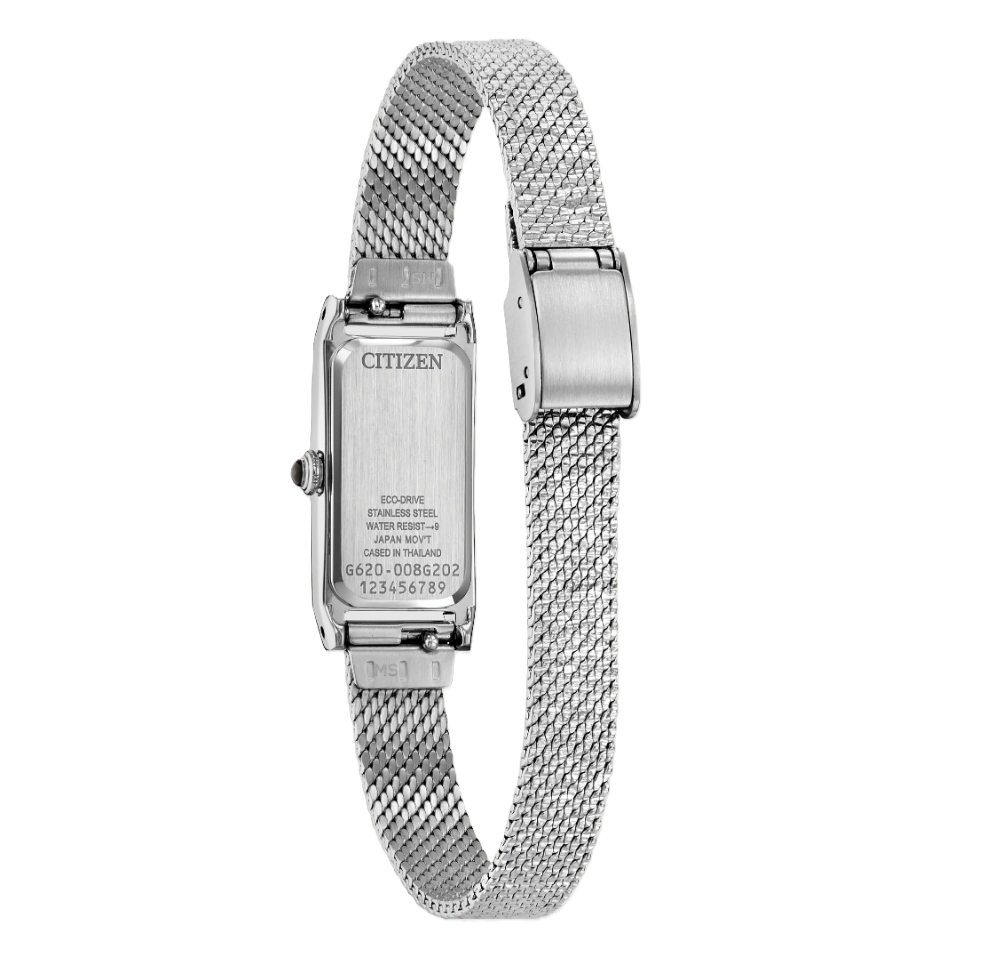 Fio | Citizen Eco-Drive Ladies Watch | Stainless Steel | Rectangular White Dial | Mesh Bracelet | WR Dress Style | EG7120-51A - Brownee Jewelers