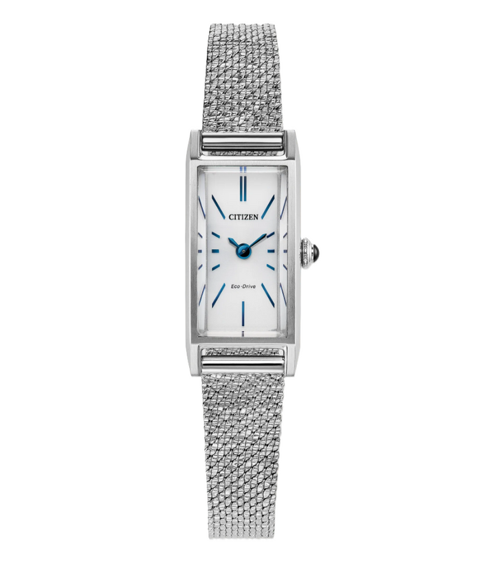Fio | Citizen Eco-Drive Ladies Watch | Stainless Steel | Rectangular White Dial | Mesh Bracelet | WR Dress Style | EG7120-51A - Brownee Jewelers