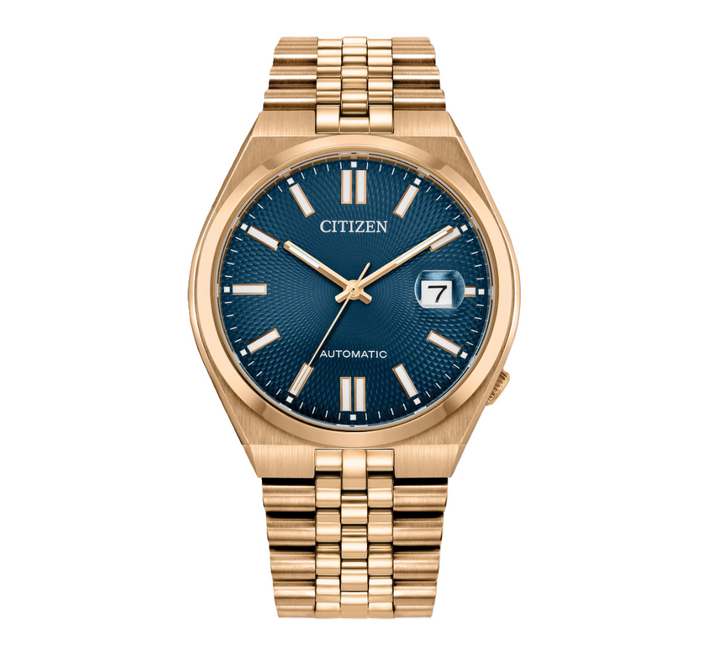 CITIZEN TSUYOSA 60 | MEN'S AUTOMATIC WATCH | GOLD-TONE STAINLESS STEEL | BLUE DIAL | NK0023-57L - Brownee Jewelers