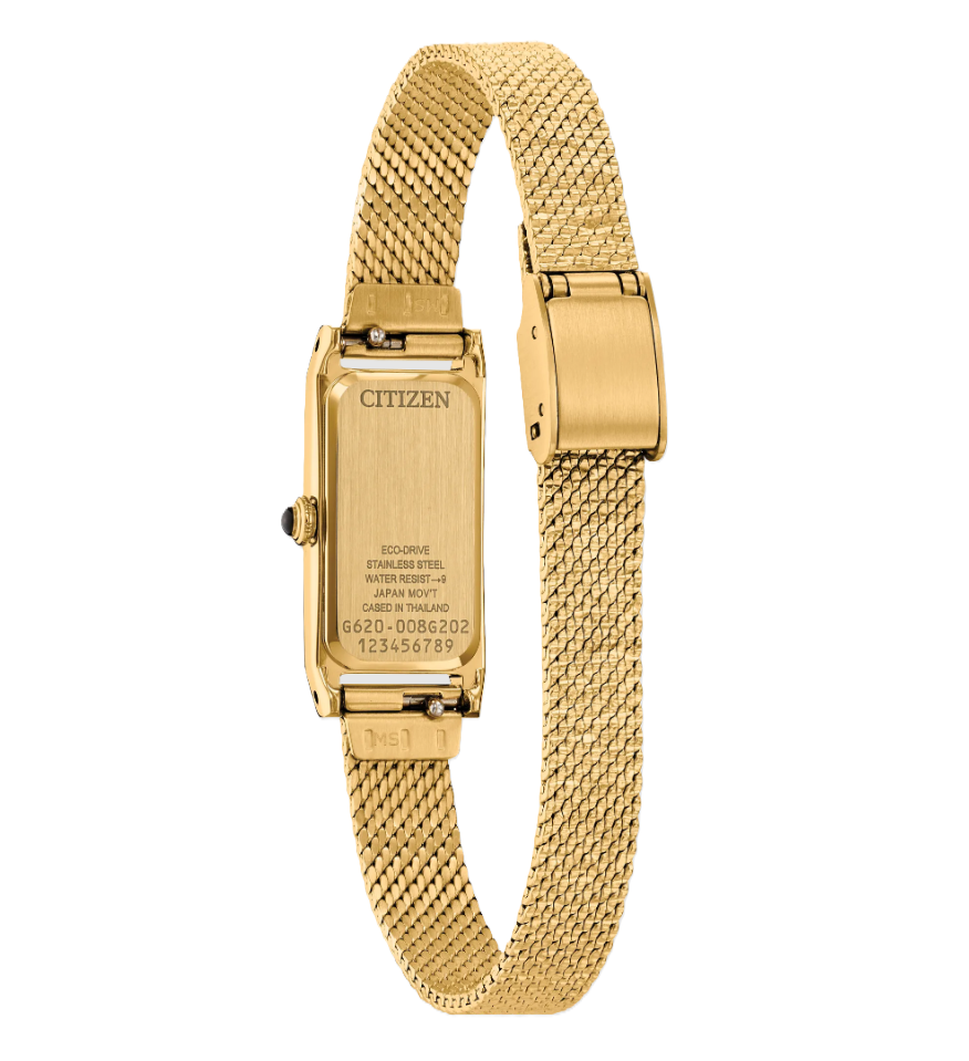 CITIZEN FIO | LADIES ECO-DRIVE WATCH | GOLD-TONE STAINLESS STEEL | BLACK DIAL | EG7128-59E - Brownee Jewelers