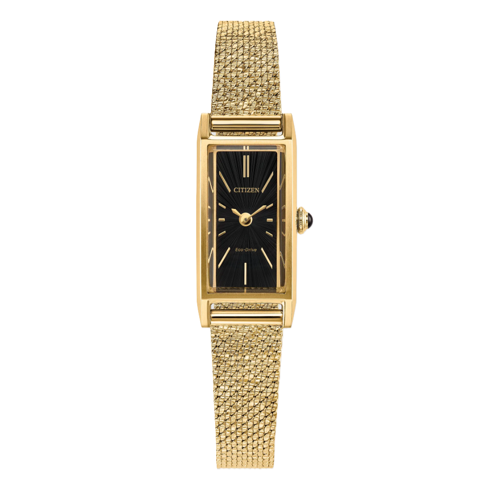 CITIZEN FIO | LADIES ECO-DRIVE WATCH | GOLD-TONE STAINLESS STEEL | BLACK DIAL | EG7128-59E - Brownee Jewelers