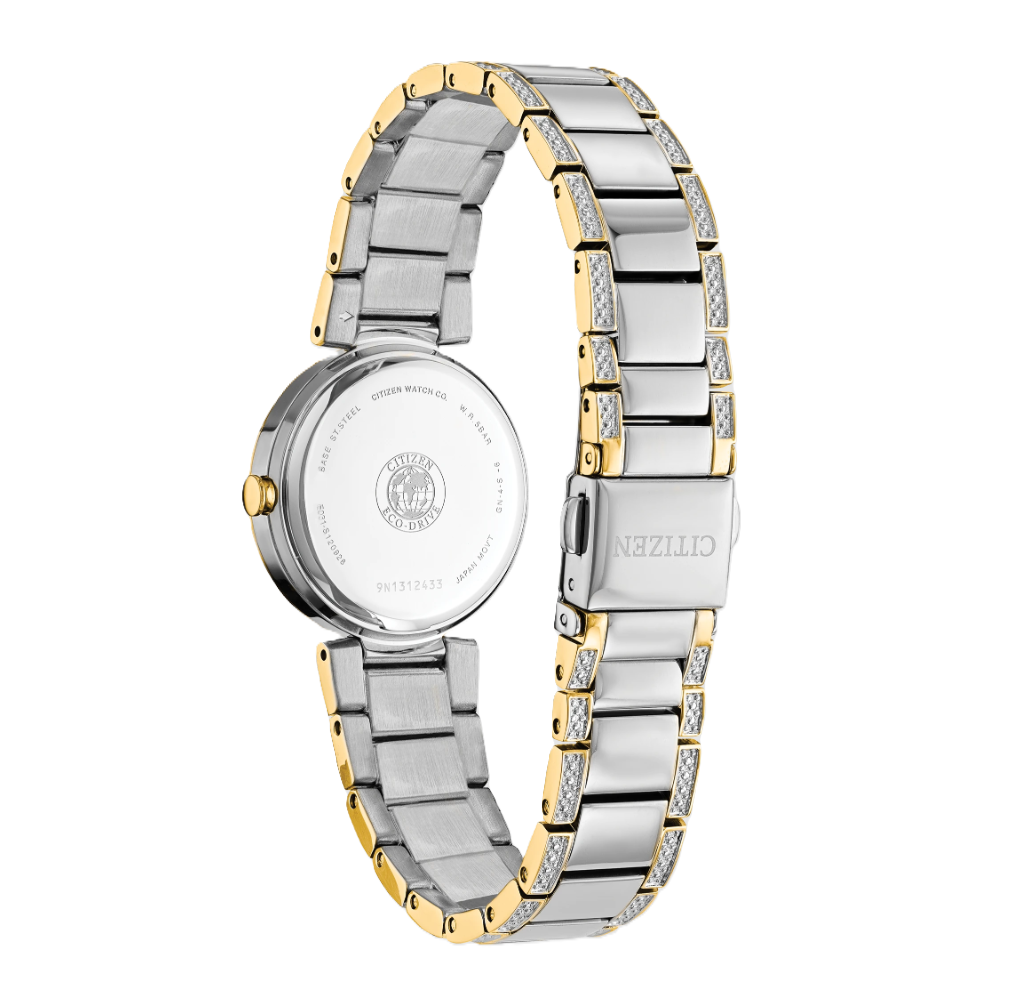 CITIZEN SILHOUETTE CRYSTAL | LADIES ECO-DRIVE WATCH | TWO-TONE STAINLESS STEEL | MOTHER OF PEARL DIAL | EM0844-58D - Brownee Jewelers