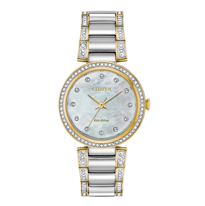 CITIZEN SILHOUETTE CRYSTAL | LADIES ECO-DRIVE WATCH | TWO-TONE STAINLESS STEEL | MOTHER OF PEARL DIAL | EM0844-58D - Brownee Jewelers