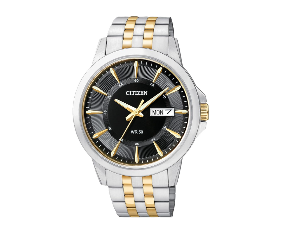 Citizen Men's Quartz Movement Watch with Silver- and Gold-Tone Stainless Steel Strap, Black Dial, and Gold-Tone Hands and Markers