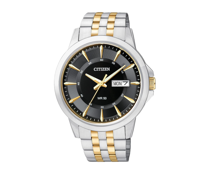 CITIZEN | MEN'S QUARTZ WATCH | TWO-TONE STAINLESS STEEL | BLACK DIAL | BF2018-52E - Brownee Jewelers