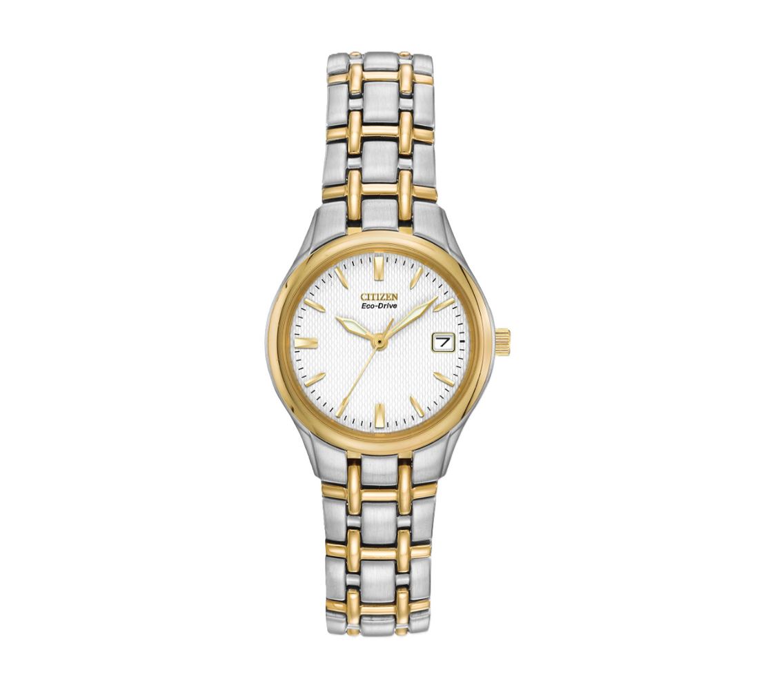 Citizen Corso | Eco-Drive Women’s Watch | Two-Tone Stainless Steel | White Textured Dial | Two-Tone Bracelet | EW1264-50A - Brownee Jewelers