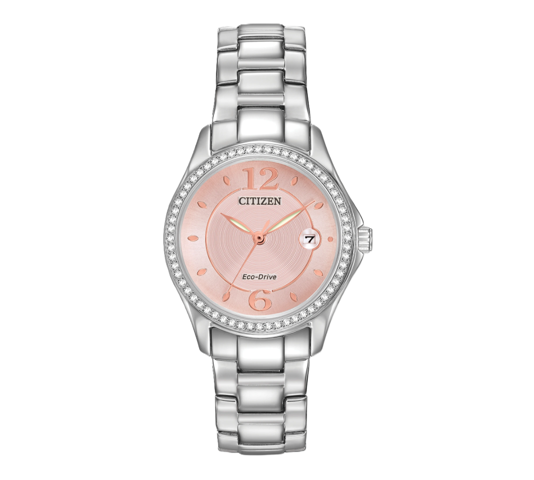CITIZEN SILHOUETTE CRYSTAL | LADIES ECO-DRIVE WATCH | STAINLESS STEEL | PINK DIAL | FE1140-86X - Brownee Jewelers