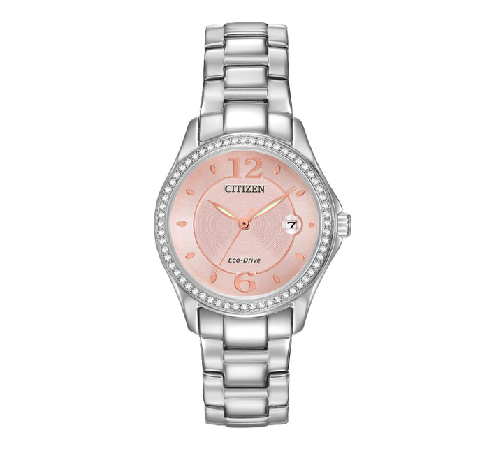 CITIZEN SILHOUETTE CRYSTAL | LADIES ECO-DRIVE WATCH | STAINLESS STEEL | PINK DIAL | FE1140-86X - Brownee Jewelers