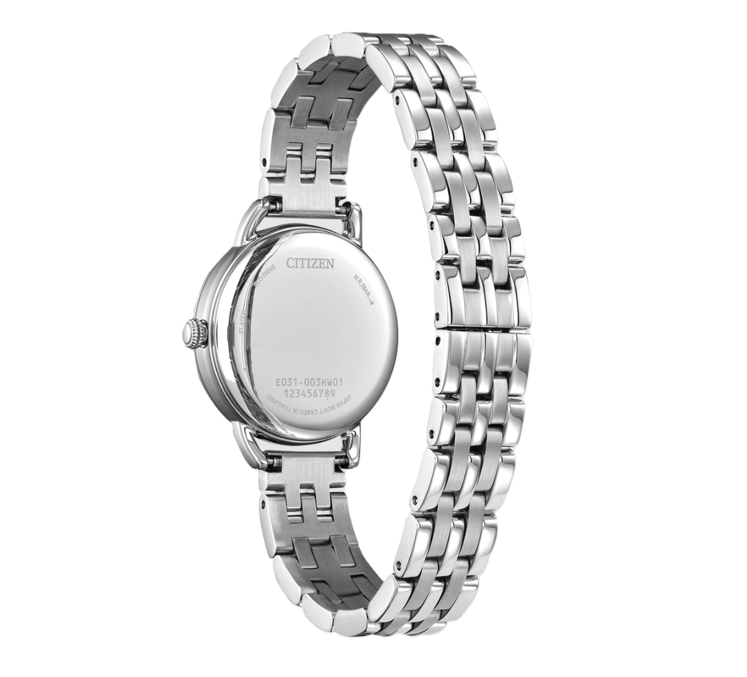 CITIZEN CLASSIC COIN EDGE | LADIES ECO-DRIVE WATCH | STAINLESS STEEL | SILVER-TONE DIAL | EM1050-56A - Brownee Jewelers