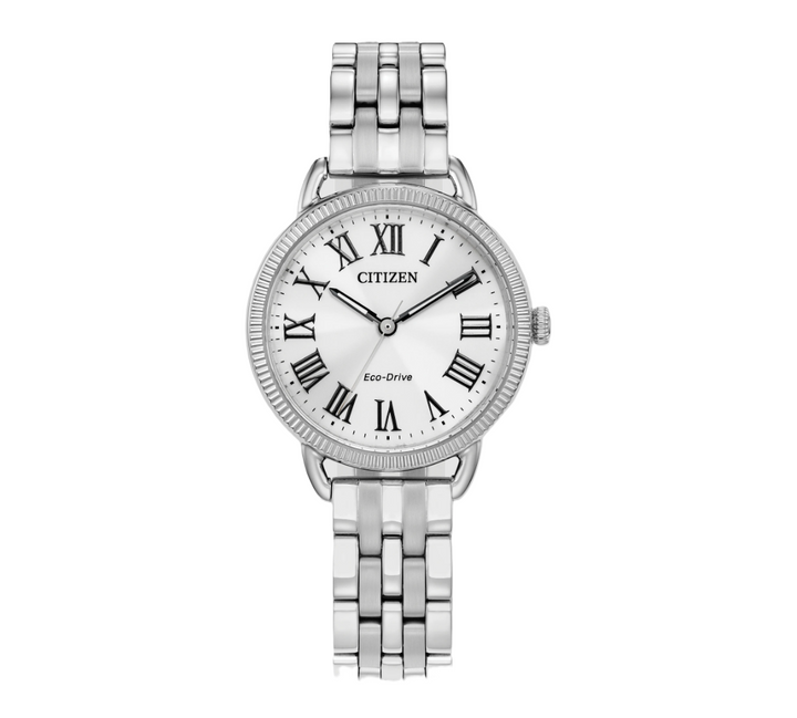 CITIZEN CLASSIC COIN EDGE | LADIES ECO-DRIVE WATCH | STAINLESS STEEL | SILVER-TONE DIAL | EM1050-56A - Brownee Jewelers