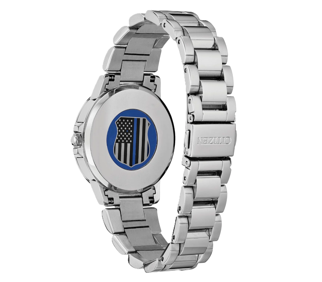 CITIZEN THIN BLUE LINE | LADIES ECO-DRIVE WATCH | STAINLESS STEEL | BLACK DIAL | FD2041-54E - Brownee Jewelers