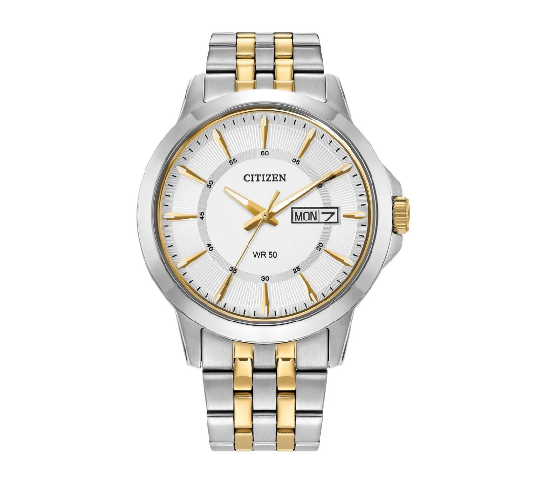 Citizen Men's Quartz Movement Watch with Silver- and Gold-Tone Stainless Steel Strap, Silver-Tone Dial, and Gold-Tone Hands and Markers