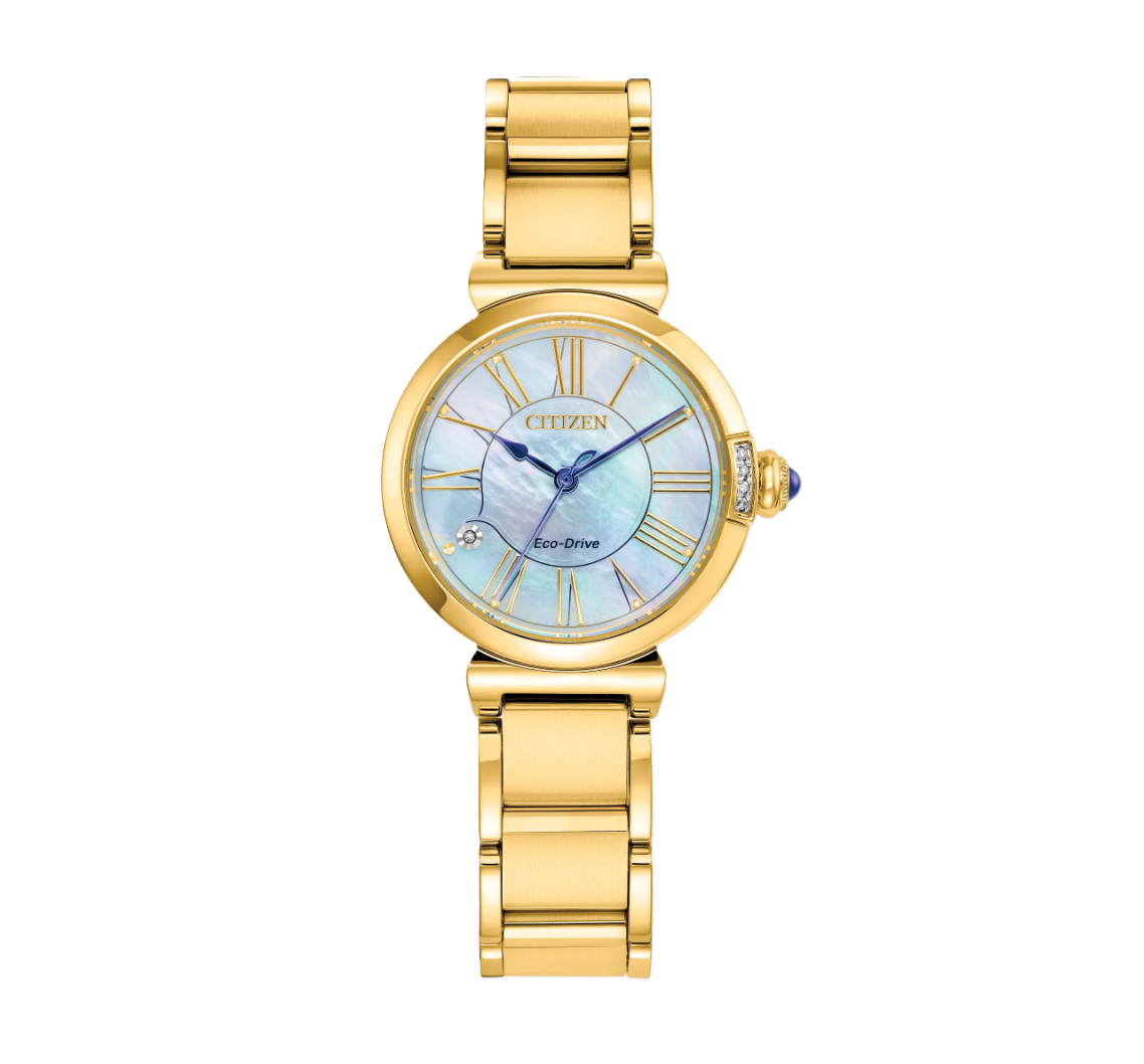CITIZEN L MAE | LADIES ECO-DRIVE WATCH | GOLD-TONE STAINLESS STEEL | MOTHER OF PEARL DIAL | EM1062-57D - Brownee Jewelers