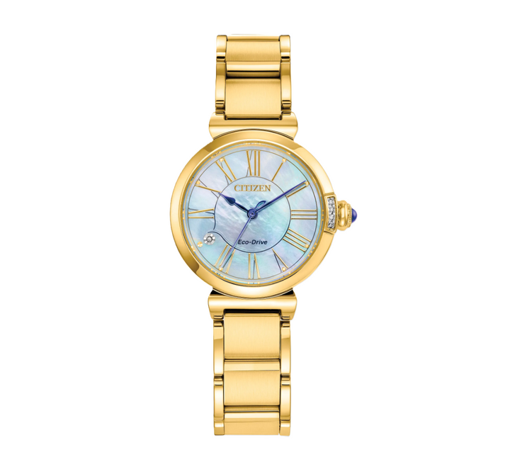 CITIZEN L MAE | LADIES ECO-DRIVE WATCH | GOLD-TONE STAINLESS STEEL | MOTHER OF PEARL DIAL | EM1062-57D - Brownee Jewelers