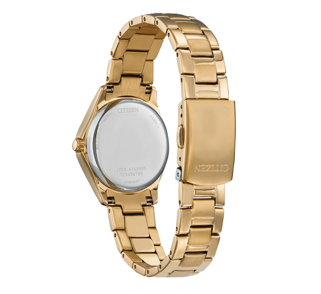 CITIZEN CRYSTAL | LADIES ECO-DRIVE WATCH | GOLD-TONE STAINLESS STEEL | CHAMPAGNE DIAL | FE1147-79P - Brownee Jewelers